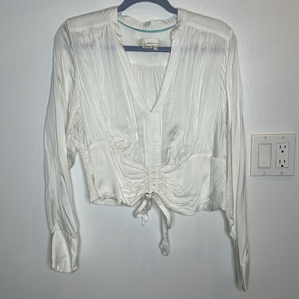 Anthropologie Satin Ivory Cropped Blouse